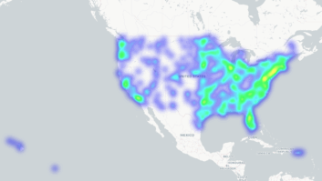 A heatmap showing concentration of HD Radio stations in the United States.